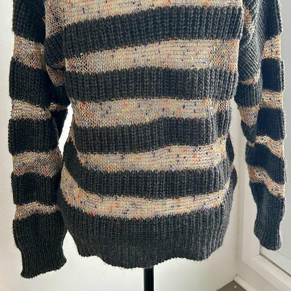 Tricotto Charcoal & Metallic Open-Knit Stripe Sweater w/ Shoulder Zippers - US M - Picture 9 of 16